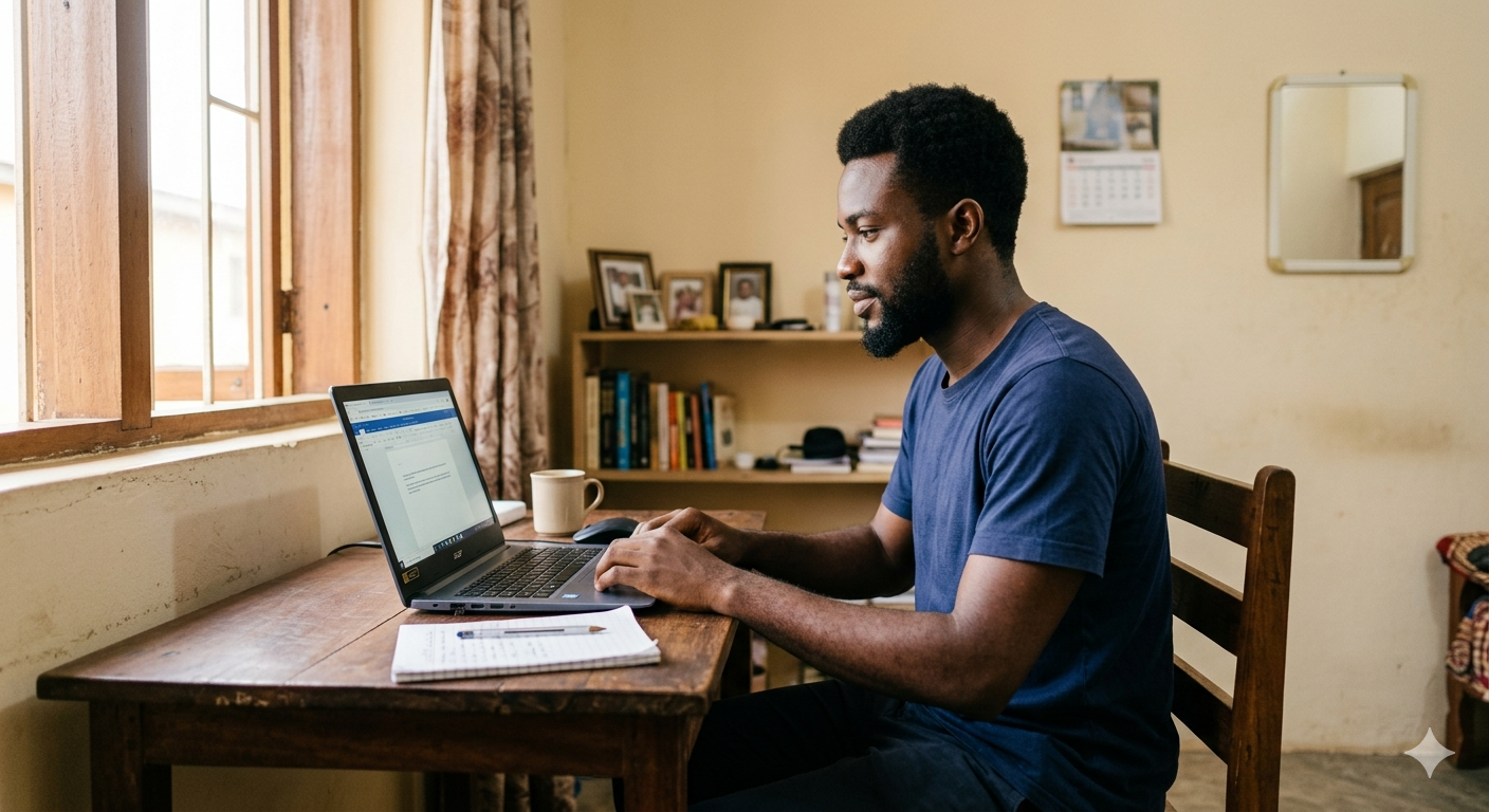 Young Nigerian graduate at a laptop